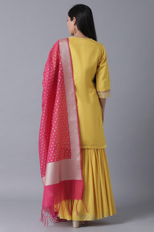 Yellow Short kurta-Sharara-Drape Set