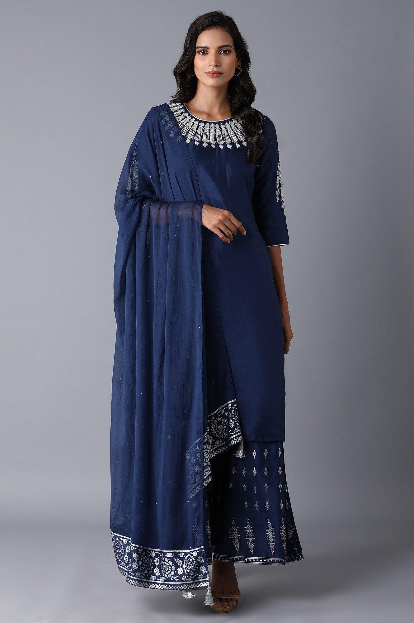 Navy Blue kurta-Culottes-Drape Set - wforwoman