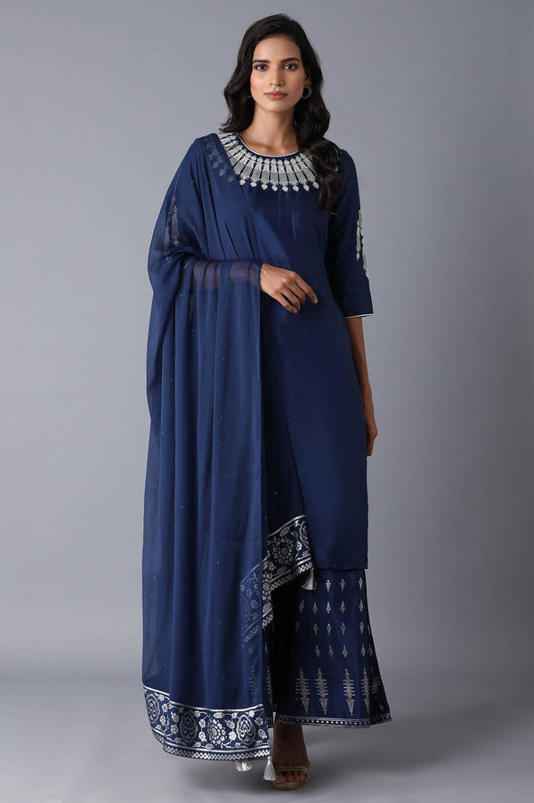 Navy Blue kurta-Culottes-Drape Set