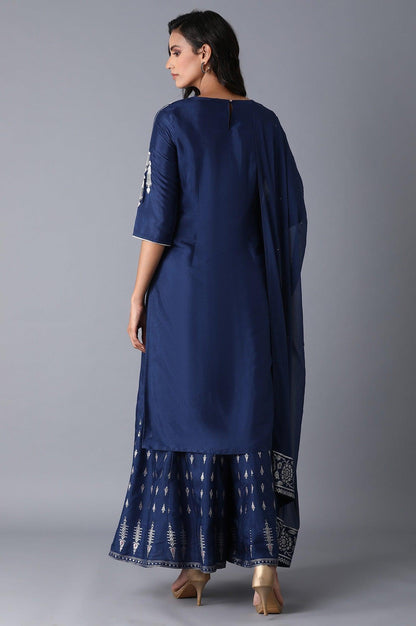 Navy Blue kurta-Culottes-Drape Set - wforwoman