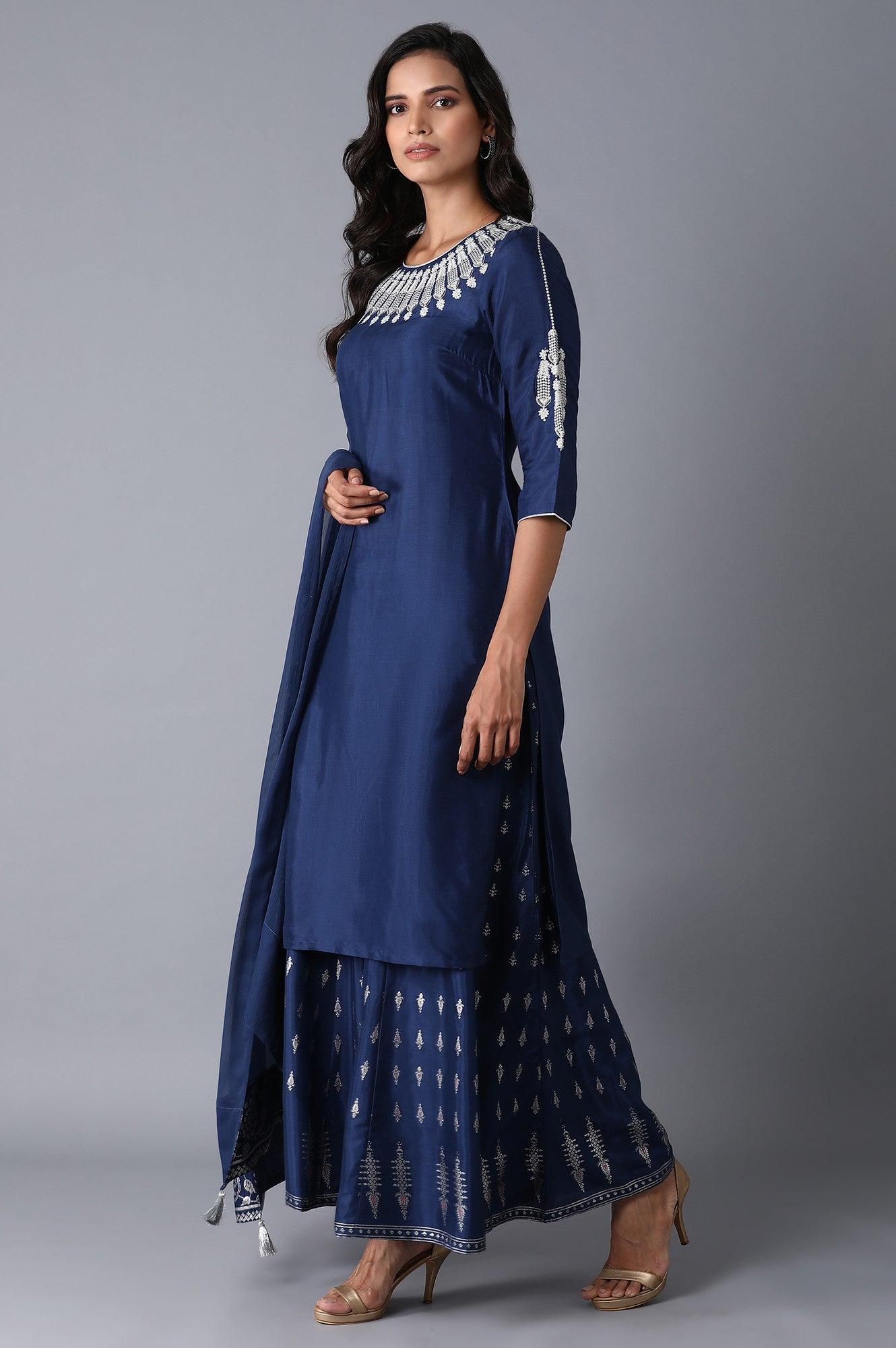 Navy Blue kurta-Culottes-Drape Set - wforwoman