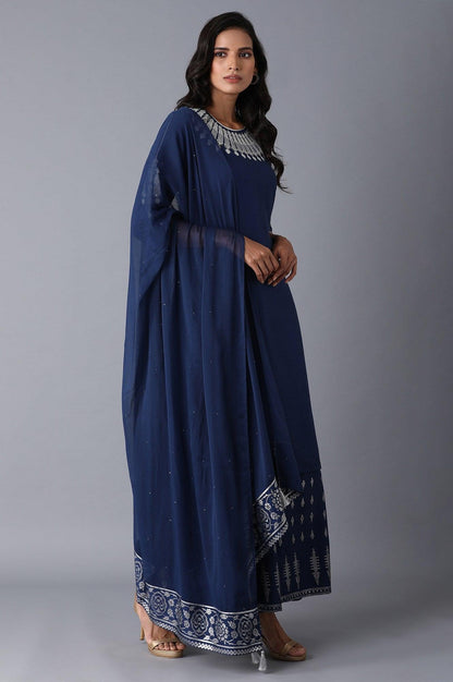 Navy Blue kurta-Culottes-Drape Set - wforwoman