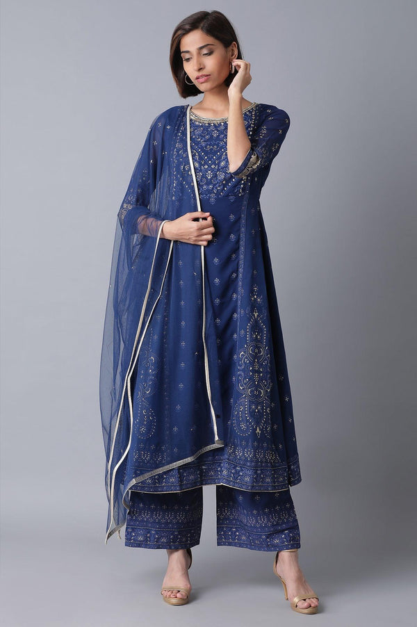 Navy Blue Flared kurta-Parallel Pants-Drape Set