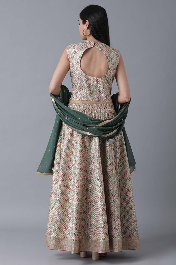 Multicoloured Top-Skirt-Green Drape Set