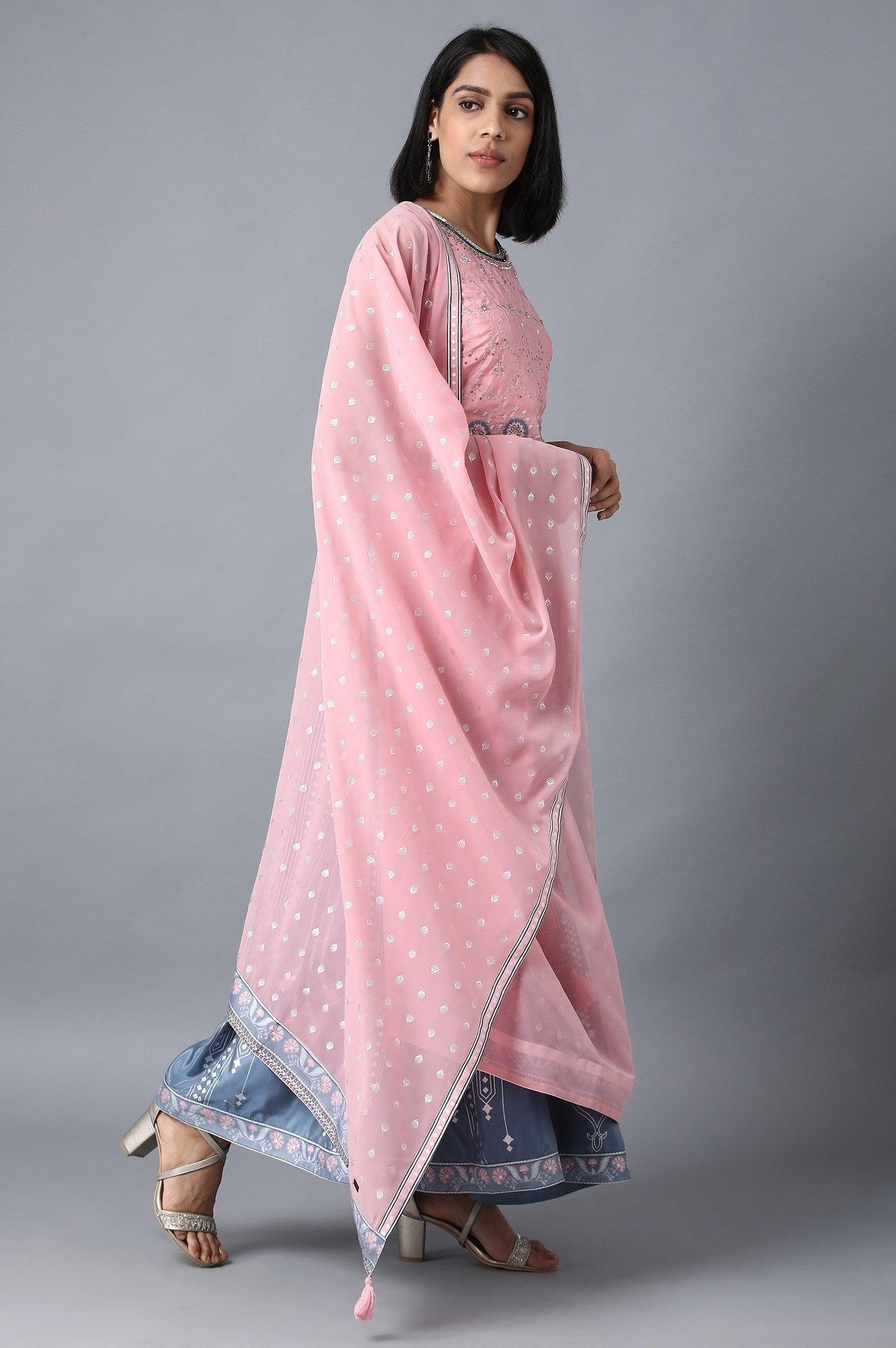 Pink Round Neck Embroidered Set - wforwoman