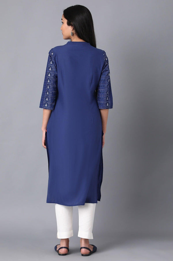 Blue Cotton Printed kurta in Mandarin Collar