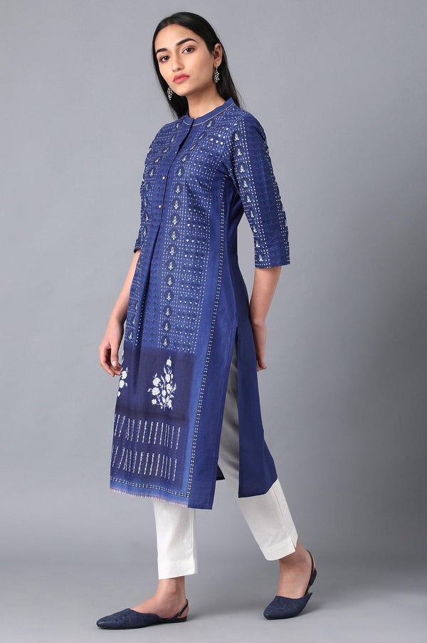 Blue Cotton Printed kurta in Mandarin Collar