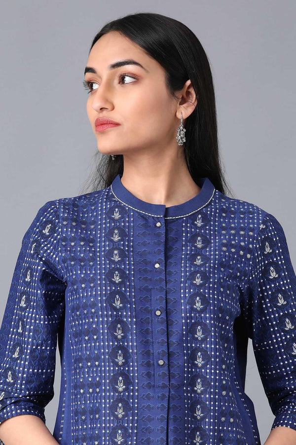 Blue Cotton Printed kurta in Mandarin Collar