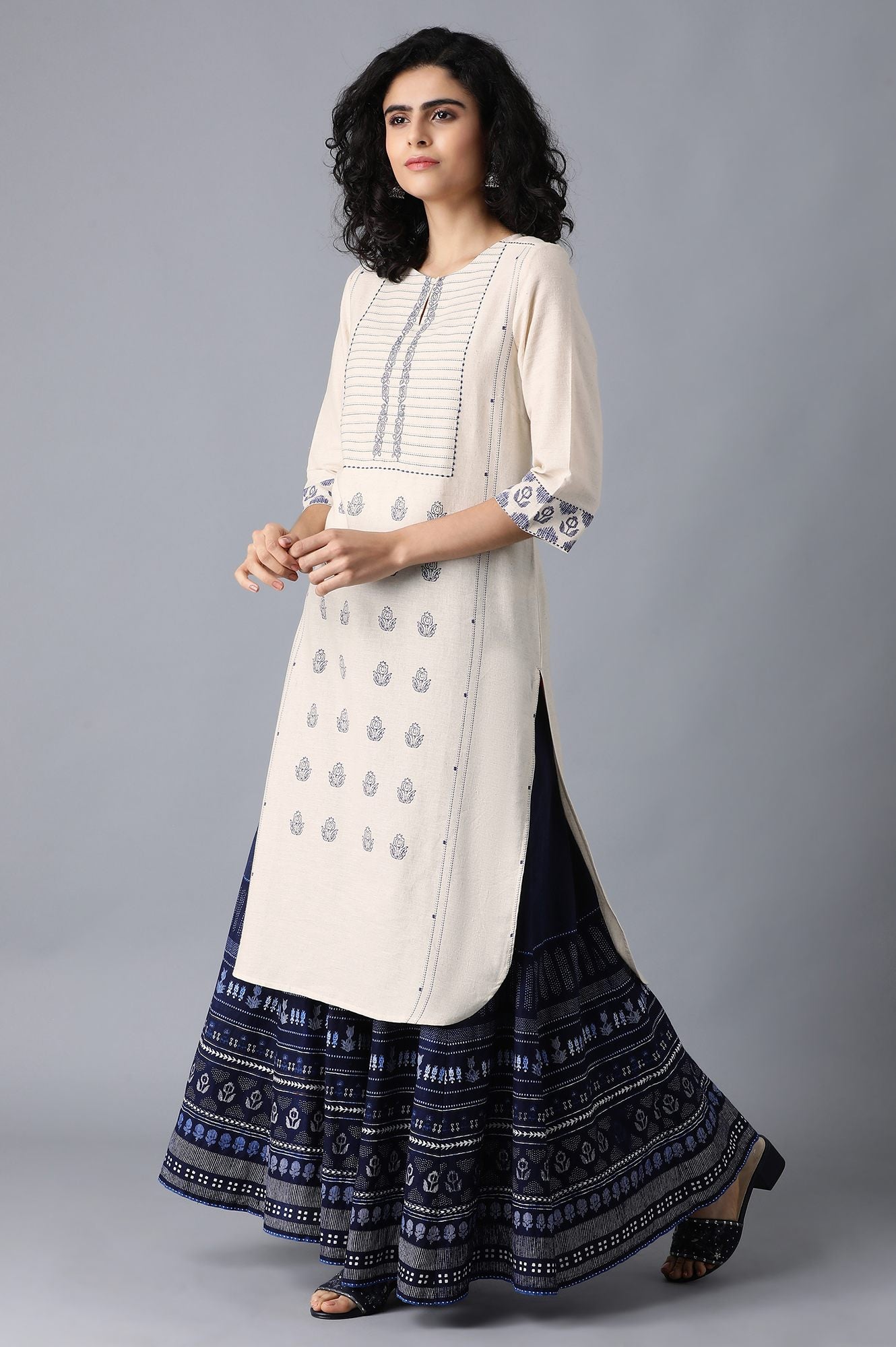 Ecru Round Neck Printed kurta