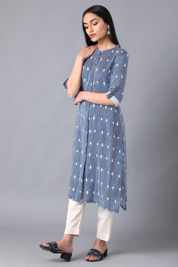 Blue Mandarin Neck Printed kurta