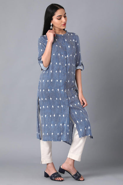 Blue Mandarin Neck Printed kurta