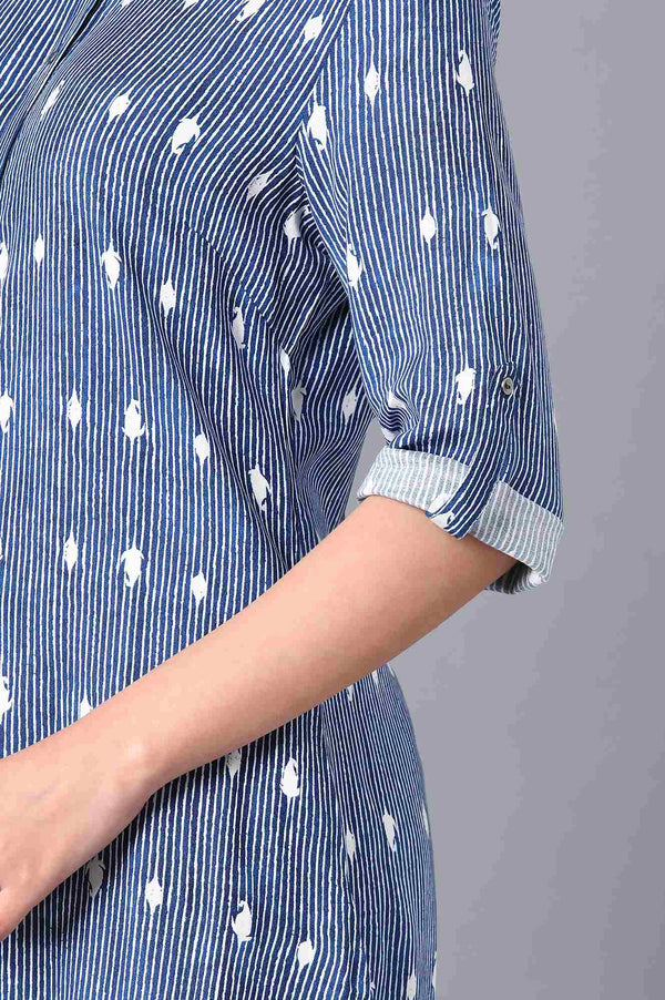 Blue Mandarin Neck Printed kurta