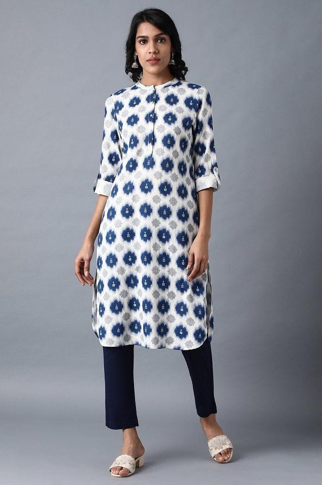 Ecru Mandarin Neck Printed kurta - wforwoman