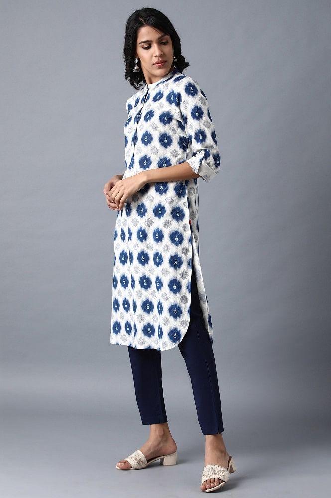 Ecru Mandarin Neck Printed kurta - wforwoman