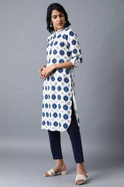 Ecru Mandarin Neck Printed kurta - wforwoman