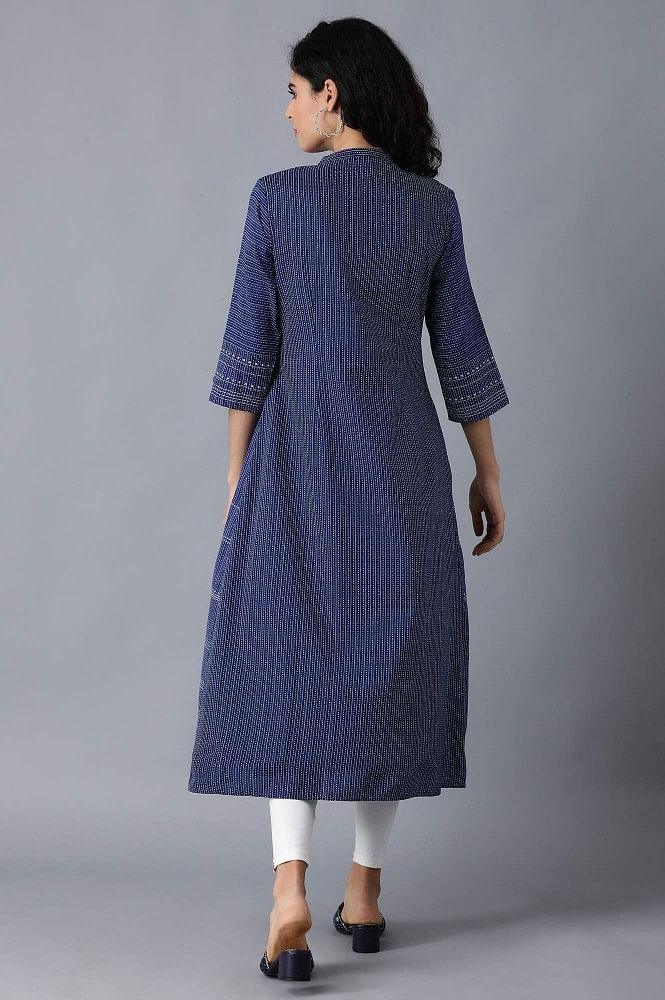 Blue Mandarin Neck Printed kurta - wforwoman