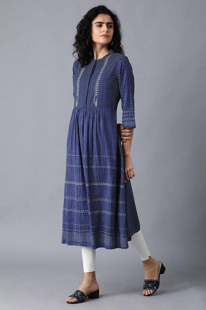 Blue Mandarin Neck Printed kurta - wforwoman