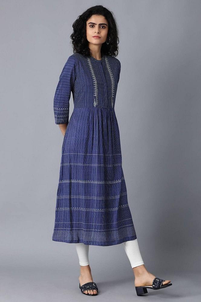 Blue Mandarin Neck Printed kurta - wforwoman