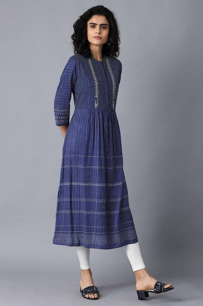 Blue Mandarin Neck Printed kurta - wforwoman