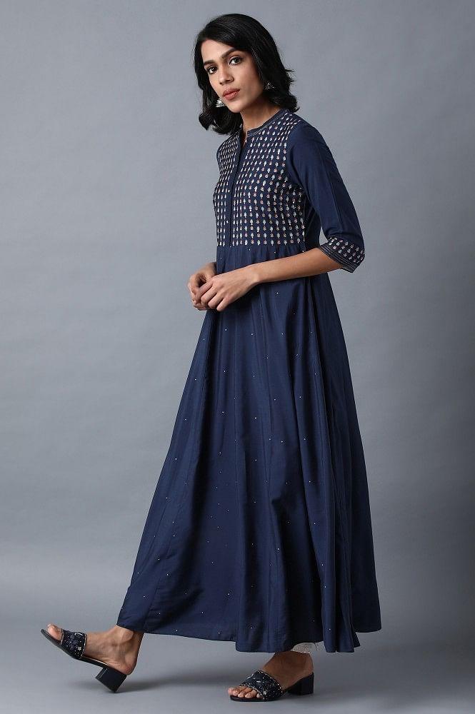 Blue Mandarin Neck Dress - wforwoman