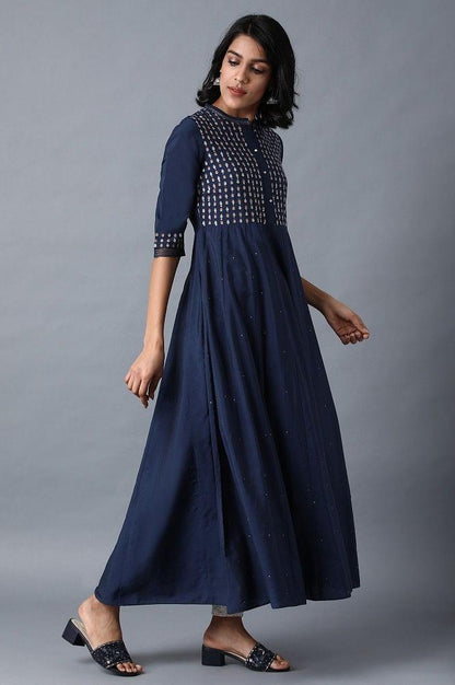Blue Mandarin Neck Dress - wforwoman