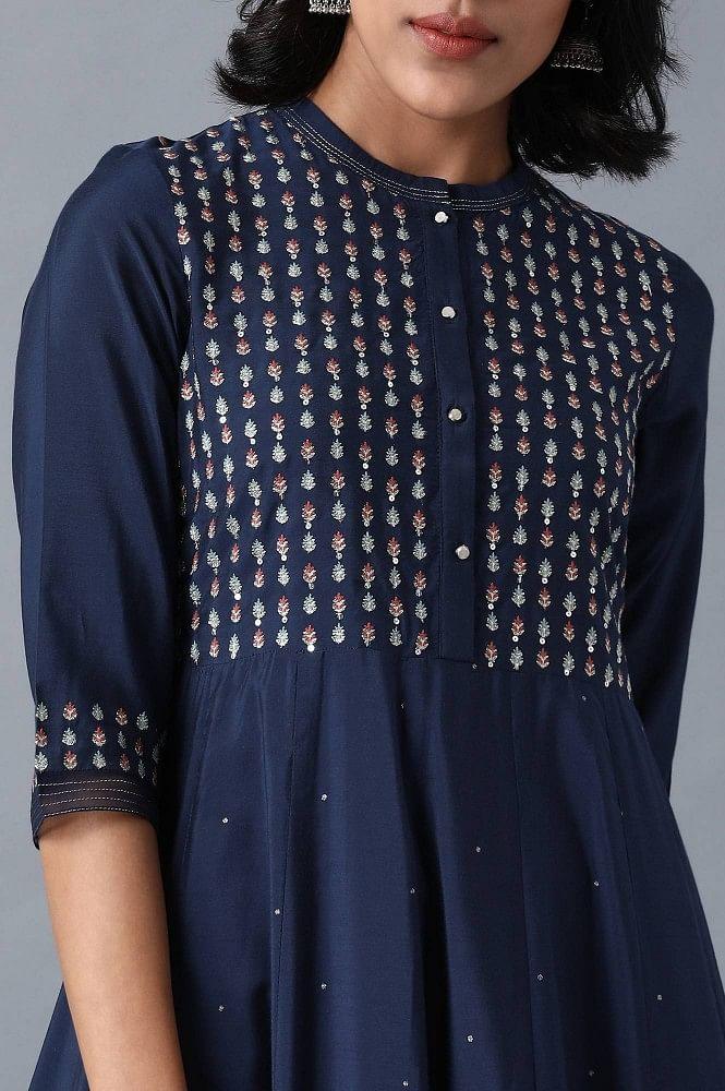 Blue Mandarin Neck Dress - wforwoman