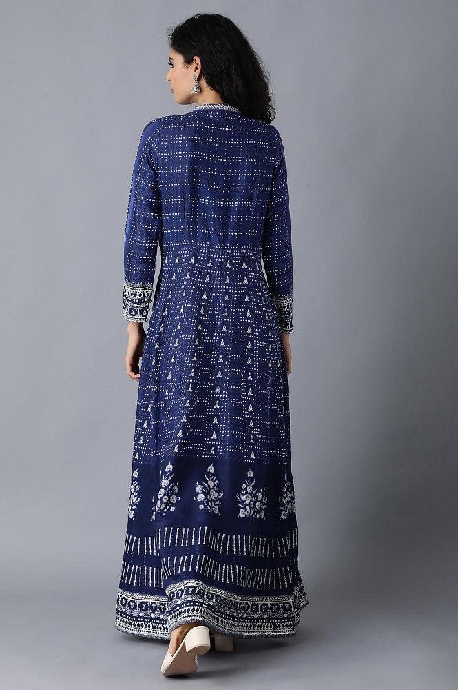 Blue Mandarin Neck Printed Festive Dress - wforwoman