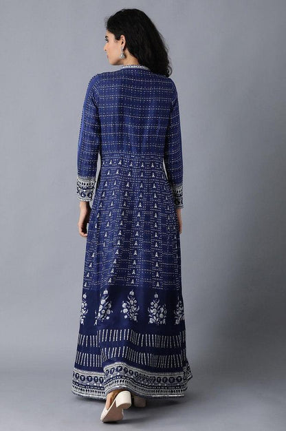 Blue Mandarin Neck Printed Festive Dress - wforwoman