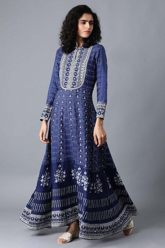 Blue Mandarin Neck Printed Festive Dress - wforwoman