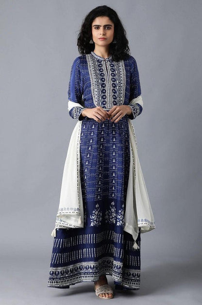 Blue Mandarin Neck Printed Festive Dress - wforwoman