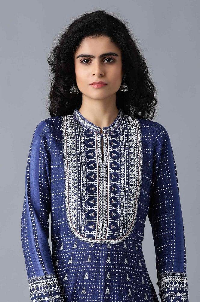 Blue Mandarin Neck Printed Festive Dress - wforwoman