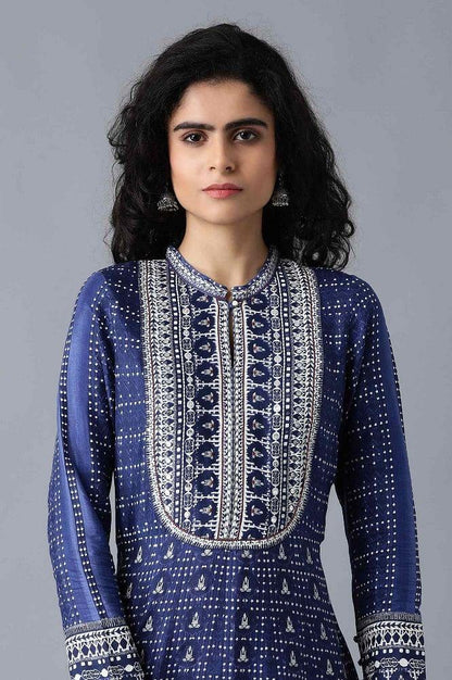 Blue Mandarin Neck Printed Festive Dress - wforwoman