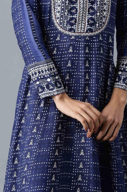 Blue Mandarin Neck Printed Festive Dress - wforwoman