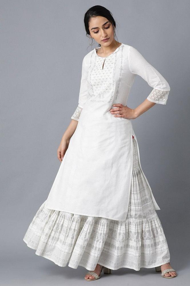 White Round Neck Embroidered kurta - wforwoman