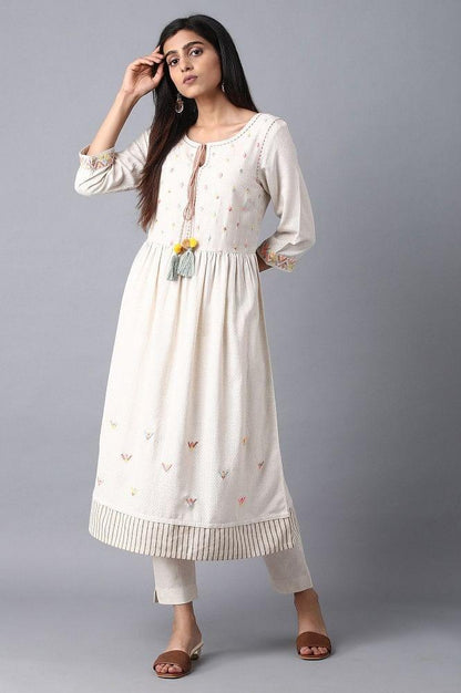 Ecru Round Neck Embroidered Dress - wforwoman