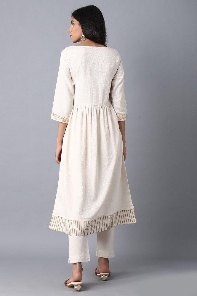 Ecru Round Neck Embroidered Dress - wforwoman