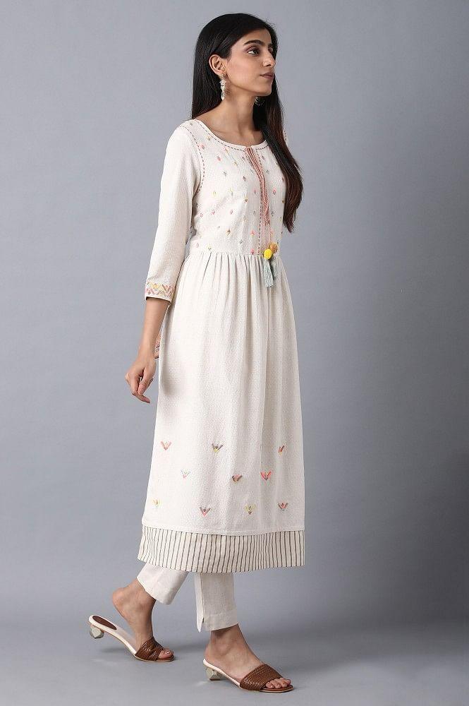 Ecru Round Neck Embroidered Dress - wforwoman