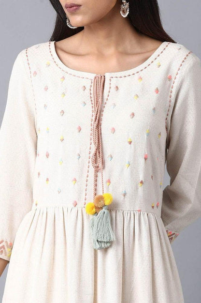 Ecru Round Neck Embroidered Dress - wforwoman