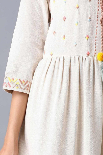 Ecru Round Neck Embroidered Dress - wforwoman