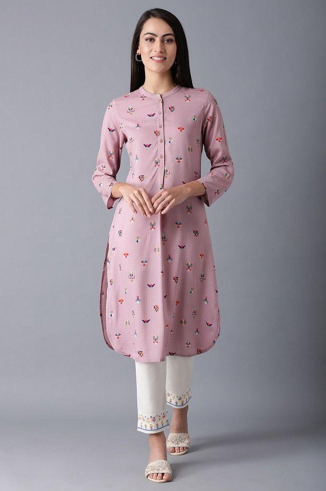 Pink Mandarin Neck Printed kurta - wforwoman