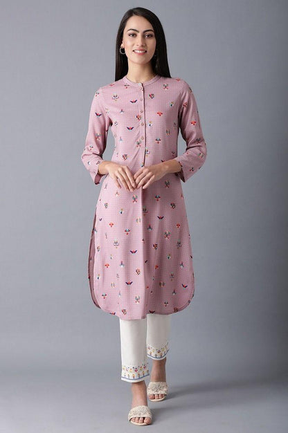 Pink Mandarin Neck Printed kurta - wforwoman