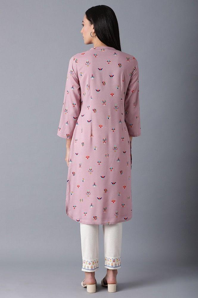 Pink Mandarin Neck Printed kurta - wforwoman