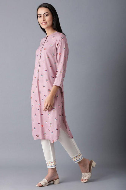 Pink Mandarin Neck Printed kurta - wforwoman