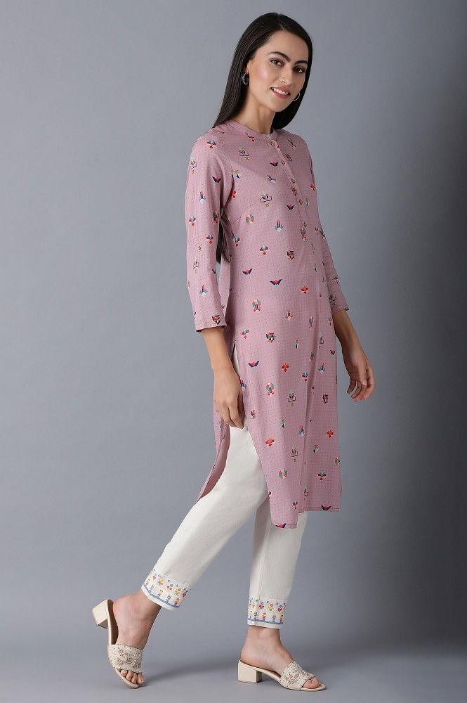 Pink Mandarin Neck Printed kurta - wforwoman