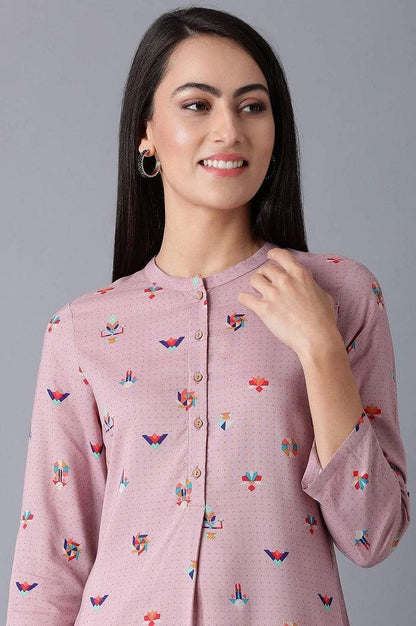 Pink Mandarin Neck Printed kurta - wforwoman