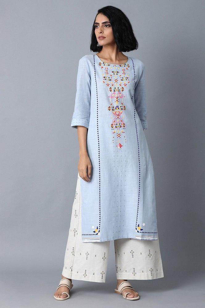 Dusky Blue Printed Yoke Straight kurta - wforwoman