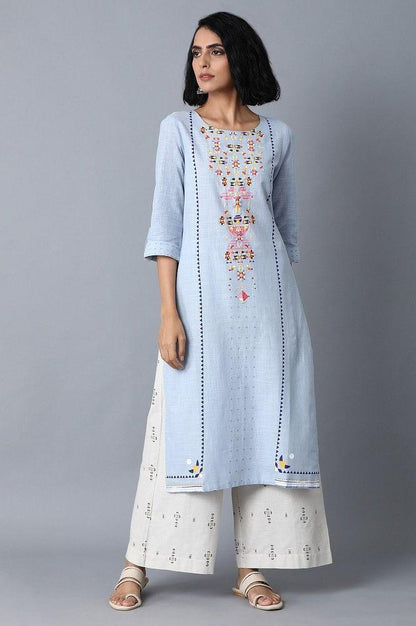 Dusky Blue Printed Yoke Straight kurta - wforwoman