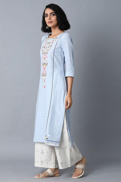 Dusky Blue Printed Yoke Straight kurta - wforwoman