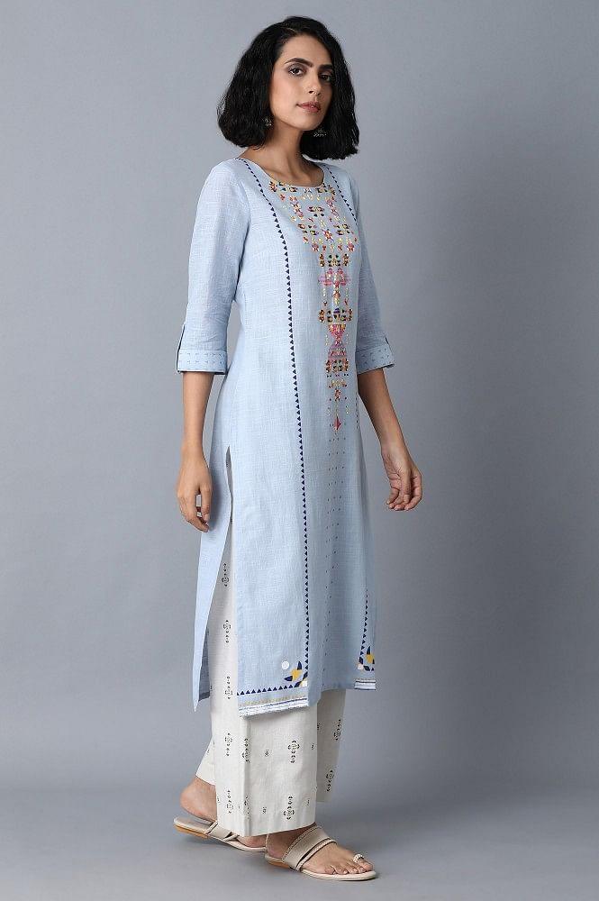 Dusky Blue Printed Yoke Straight kurta - wforwoman