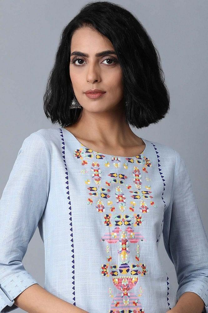 Dusky Blue Printed Yoke Straight kurta - wforwoman